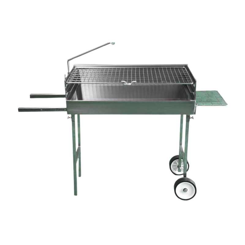 A portable stainless steel braai trolley with two grids, fold-up grid handle, and wheels for mobility.