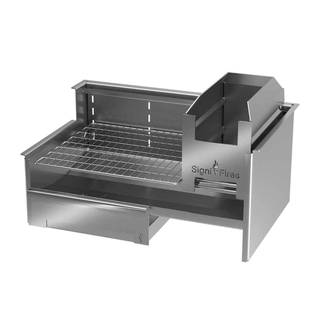 A built-in stainless steel wood braai (barbecue) with a sliding door and visible ash tray.