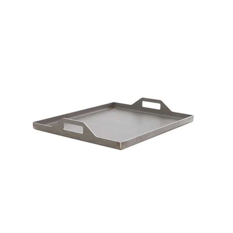 A rectangular stainless steel steak plate with a handle.