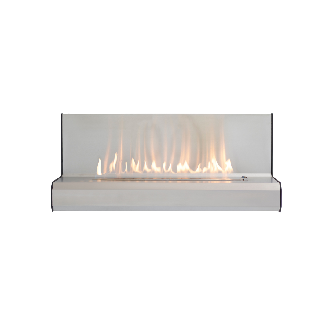 A visual flame effect fireplace with a clear glass front and a modern design.