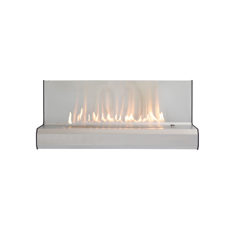 A visual flame effect fireplace with a clear glass front and a modern design.