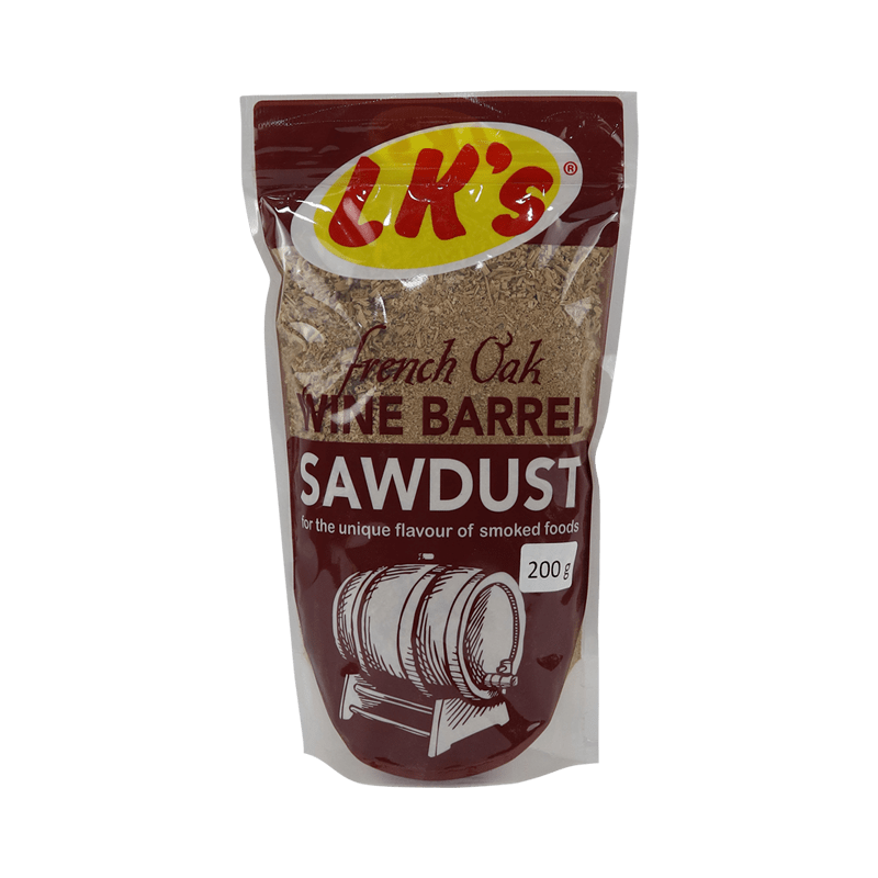 Packaging of SMOKER OAK SAW DUST with brand logo and product information, against a white background.