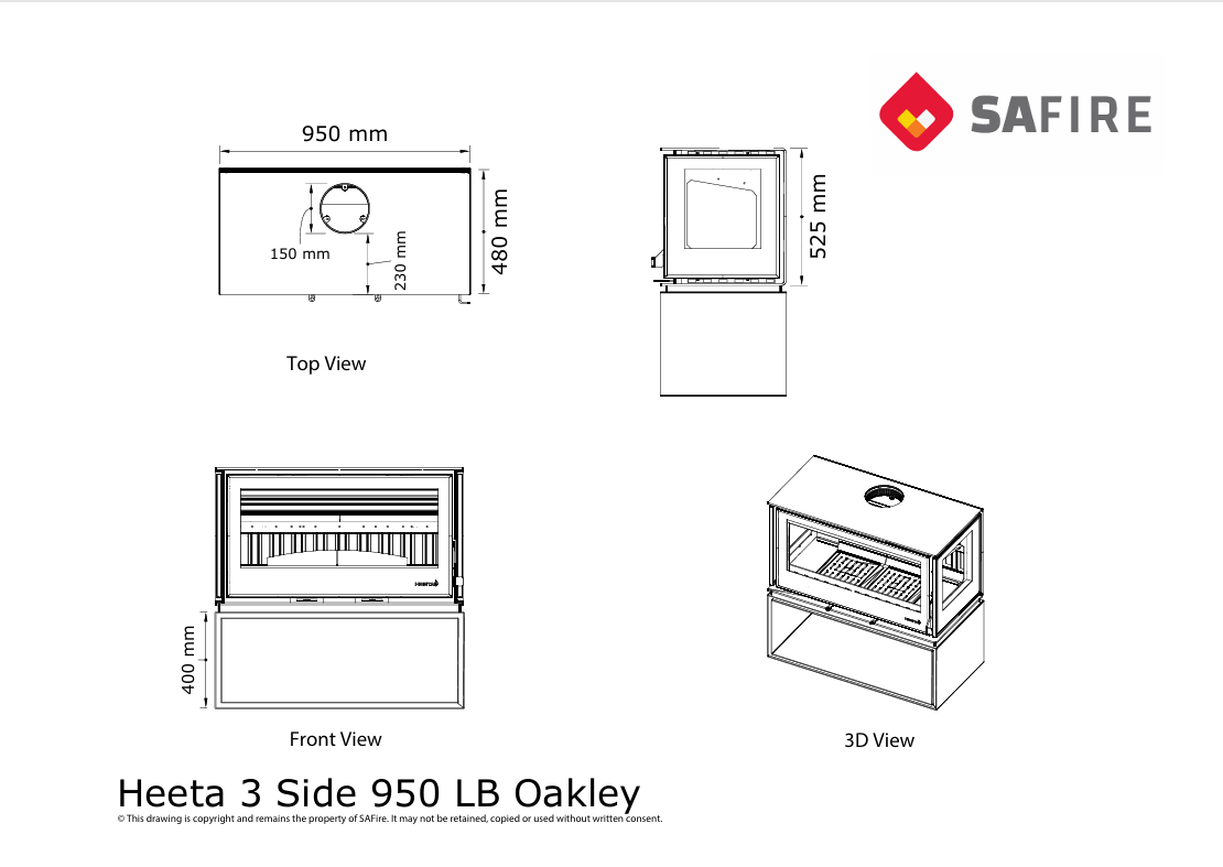 SAfire HEETA OAKLEY THREE-SIDED WOOD FIREPLACE with LOG BOX