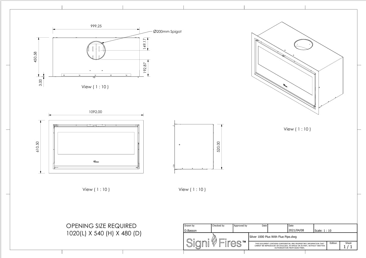 Technical drawing of a fireplace with dimensions and Signifire branding