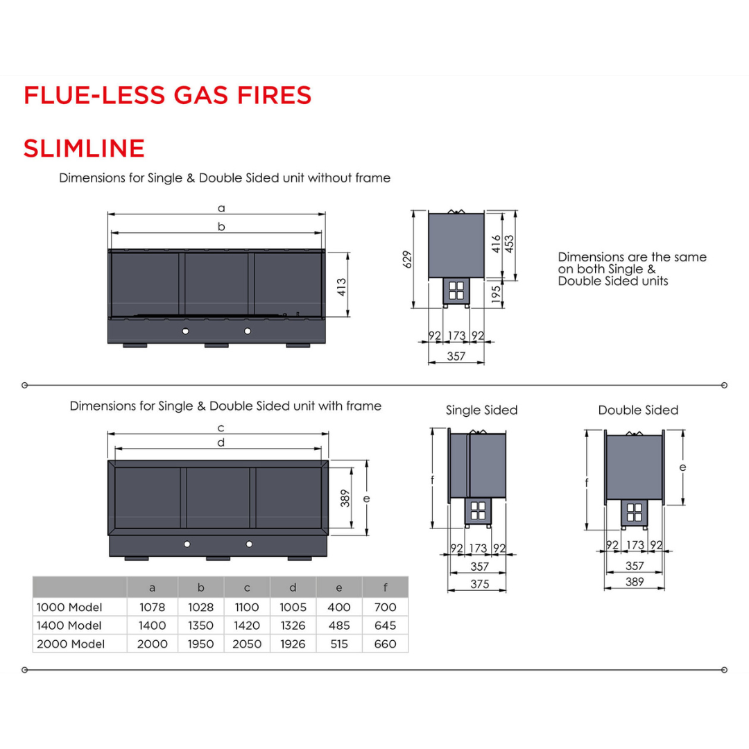 Slimline gas fireplace specifications with technical details