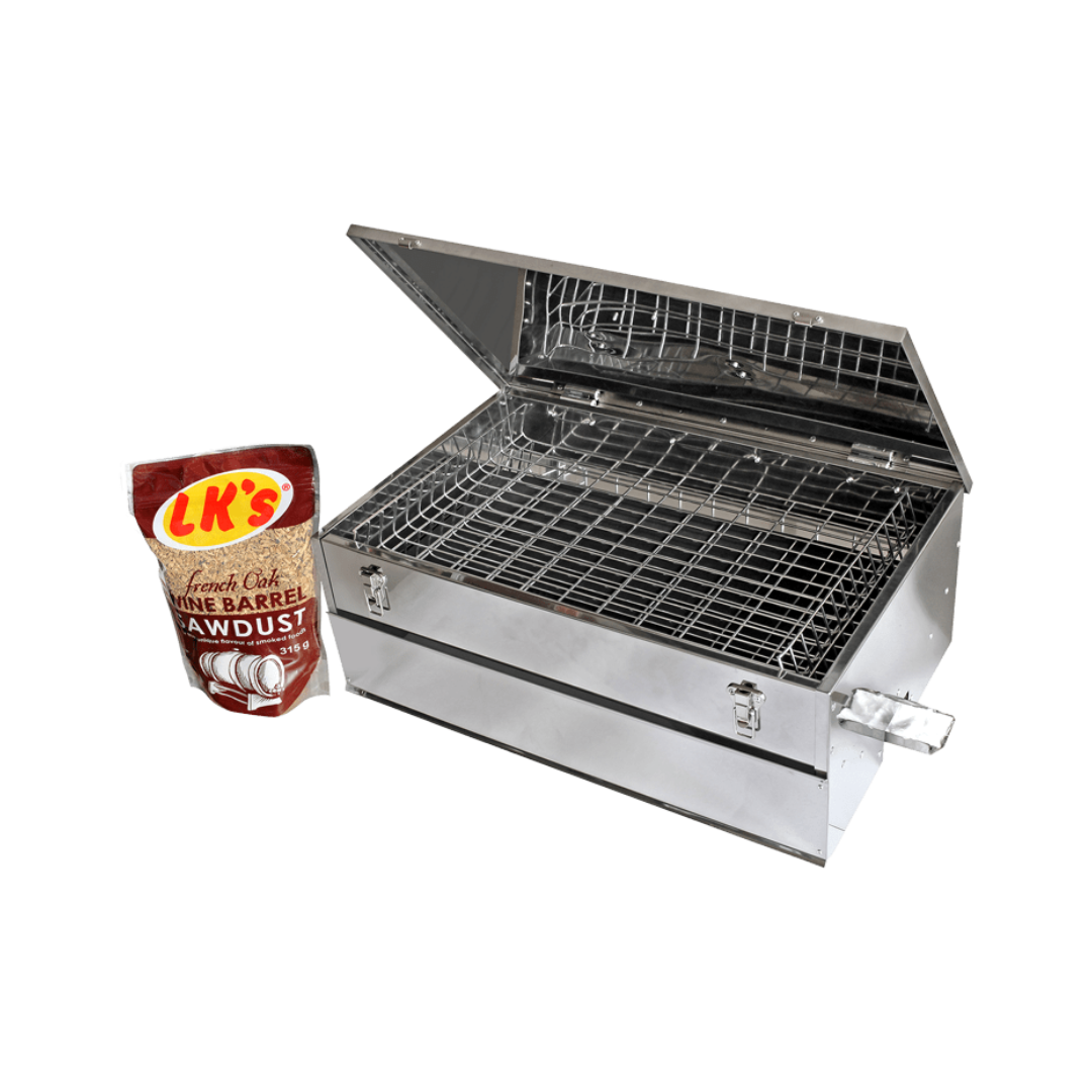 A stainless steel smoker grill with two smoker grids and a pack of sawdust next to it.