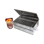 A stainless steel smoker grill with two smoker grids and a pack of sawdust next to it.