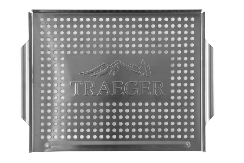 Traeger grill grate with mountain logo on a white background