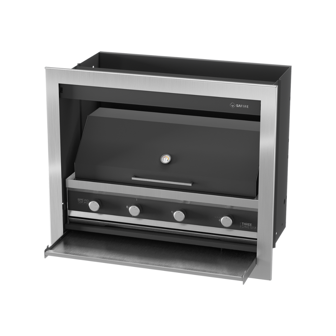 A black SAfire Pyro Gas Braai Grill with a visible control panel and a closed lid.