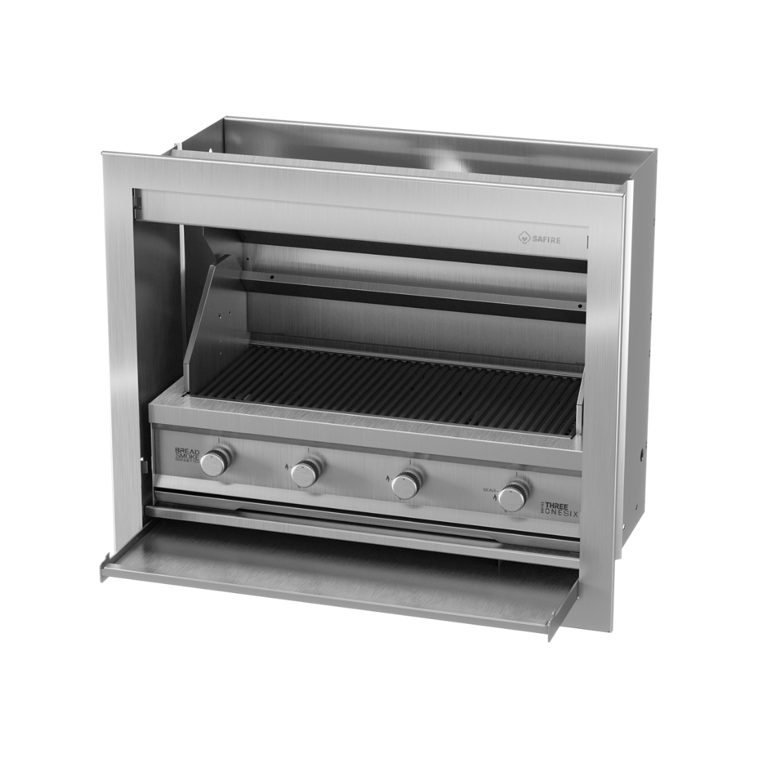 An outdoor gas braai grill with a silver finish and control knobs on the front.