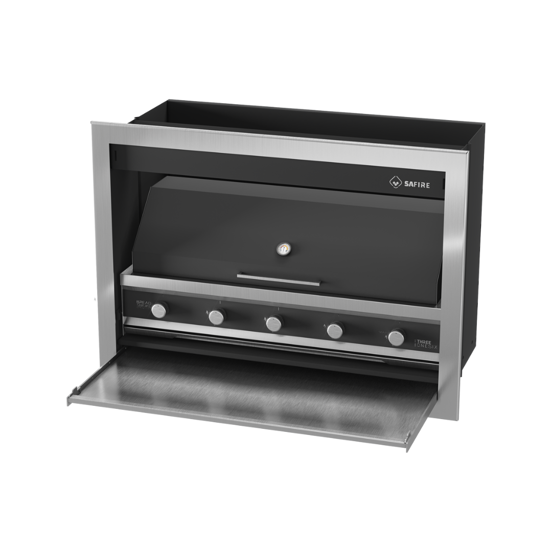 A black SAfire Pyro Gas Braai Grill with a visible control panel and a closed lid.