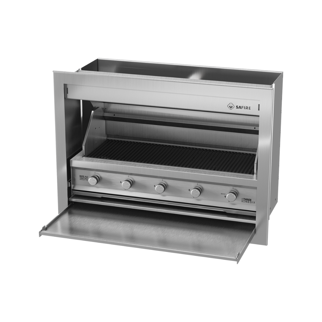 An outdoor gas braai grill with a silver finish and control knobs on the front.