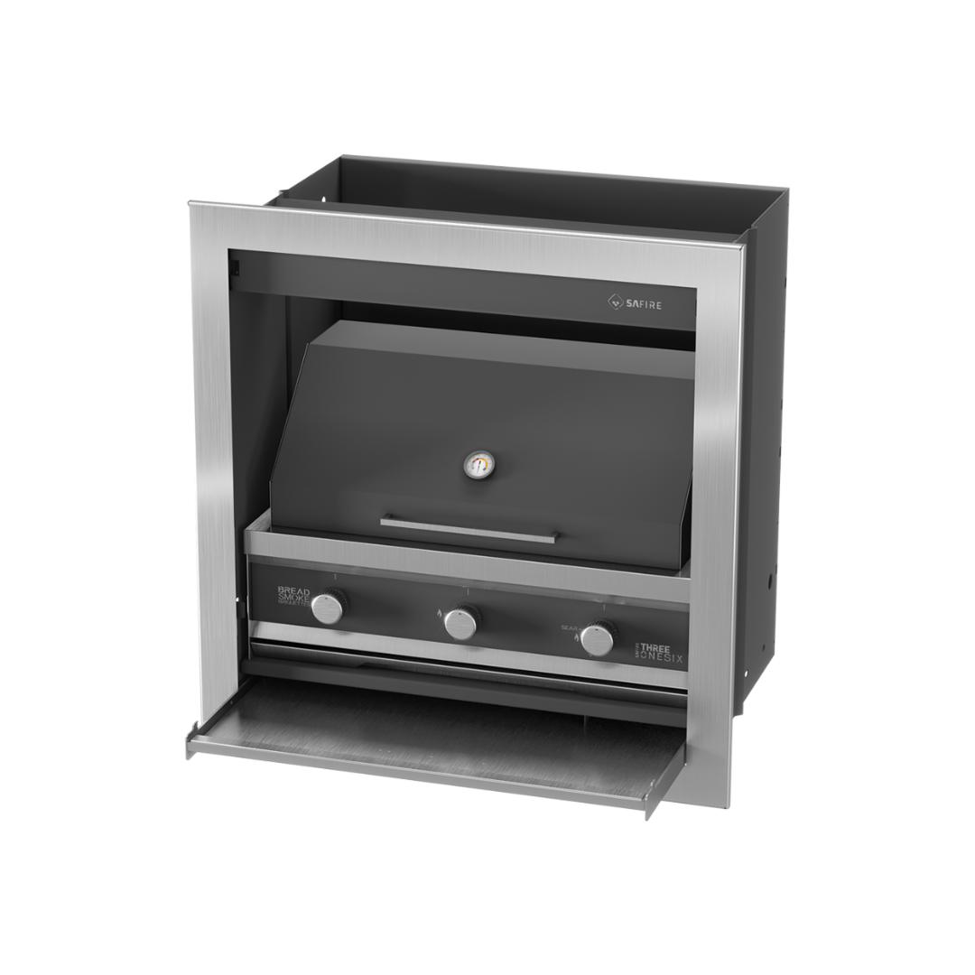 A black SAfire Pyro Gas Braai Grill with a visible control panel and a closed lid.