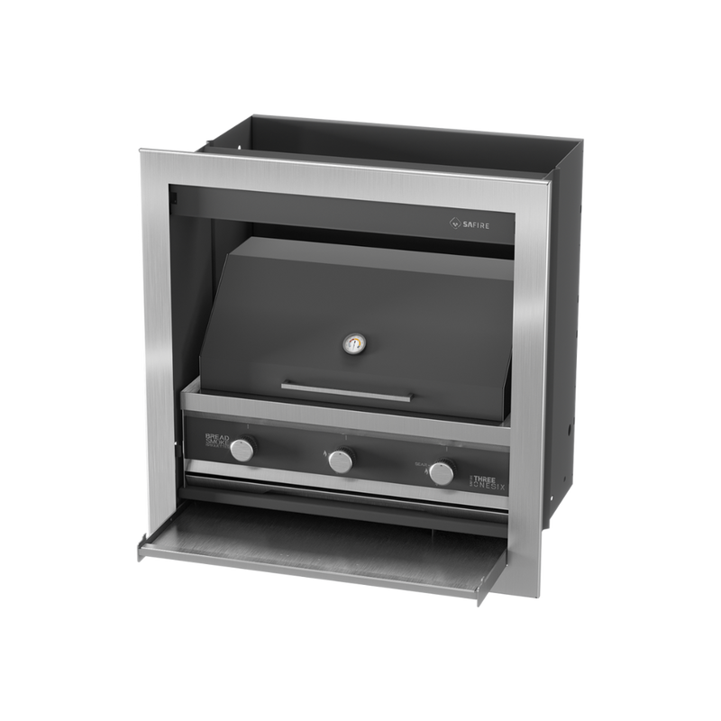 A black SAfire Pyro Gas Braai Grill with a visible control panel and a closed lid.
