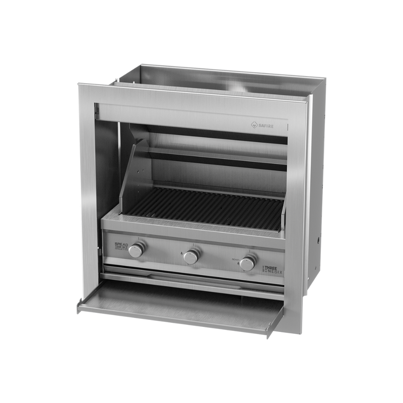 An outdoor gas braai grill with a silver finish and control knobs on the front.