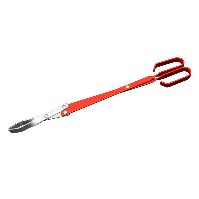 A pair of red aluminum BRAAI tongs with long handles, suitable for flipping meat or moving coals.