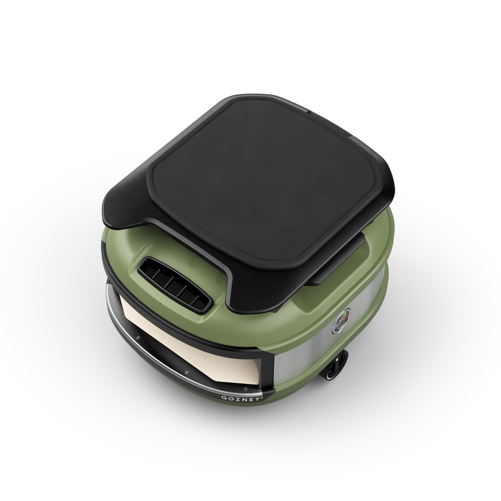 Green and black sandwich maker on a white background