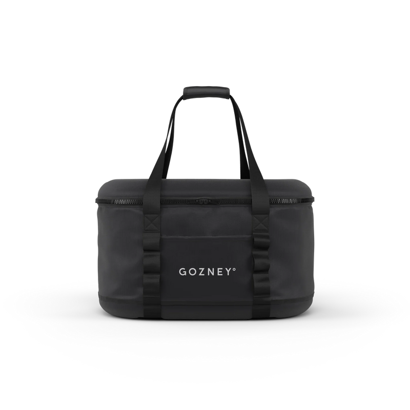 Black duffel bag with 'GOZNEY' branding on a white background