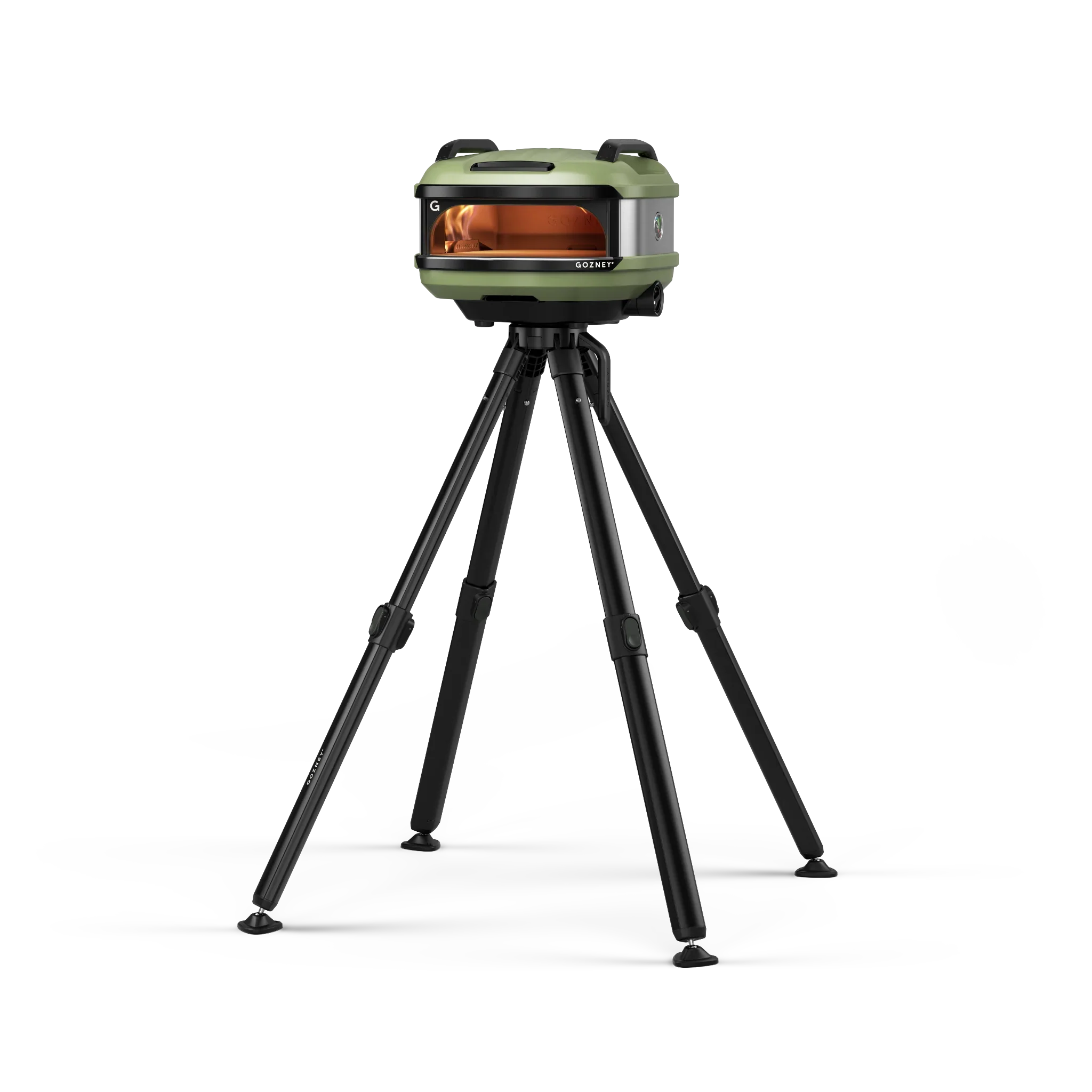 Portable stove on a tripod with a white background