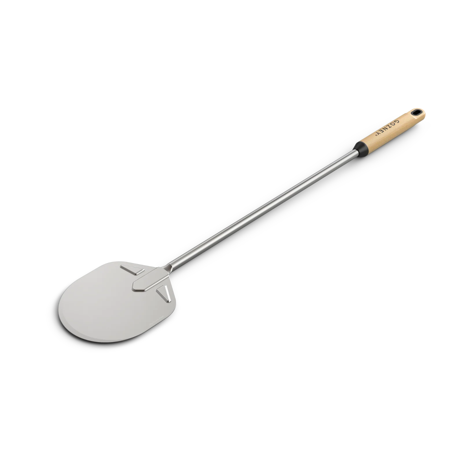 Pizza peel with wooden handle on a white background