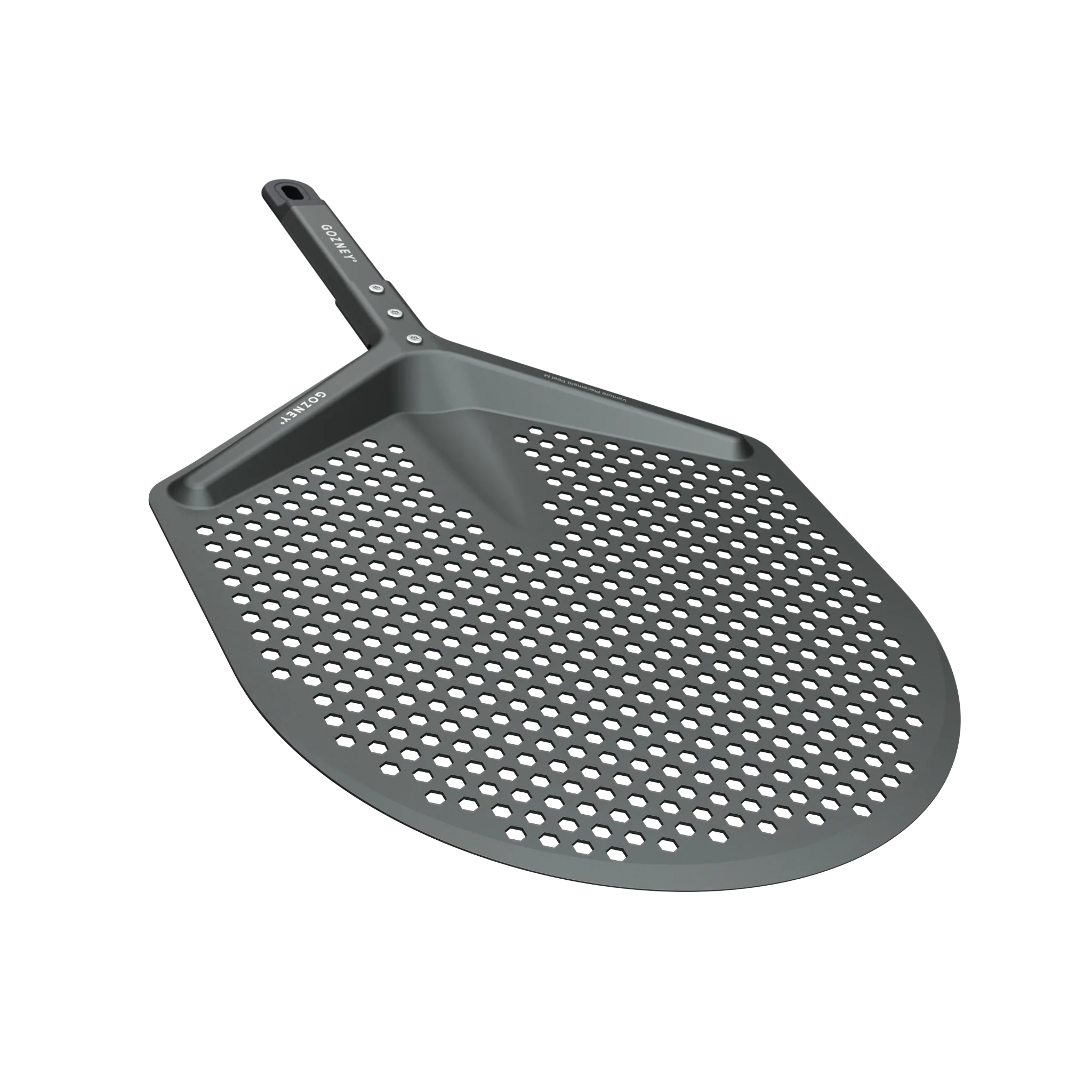 Gray perforated pizza peel on a white background