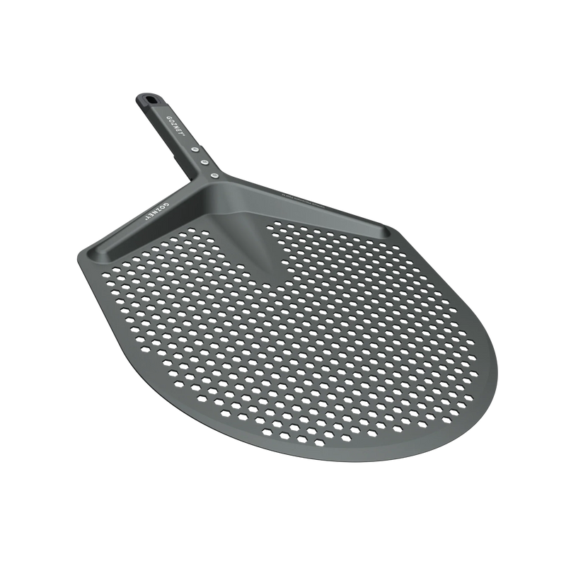 Gray perforated pizza peel on a white background