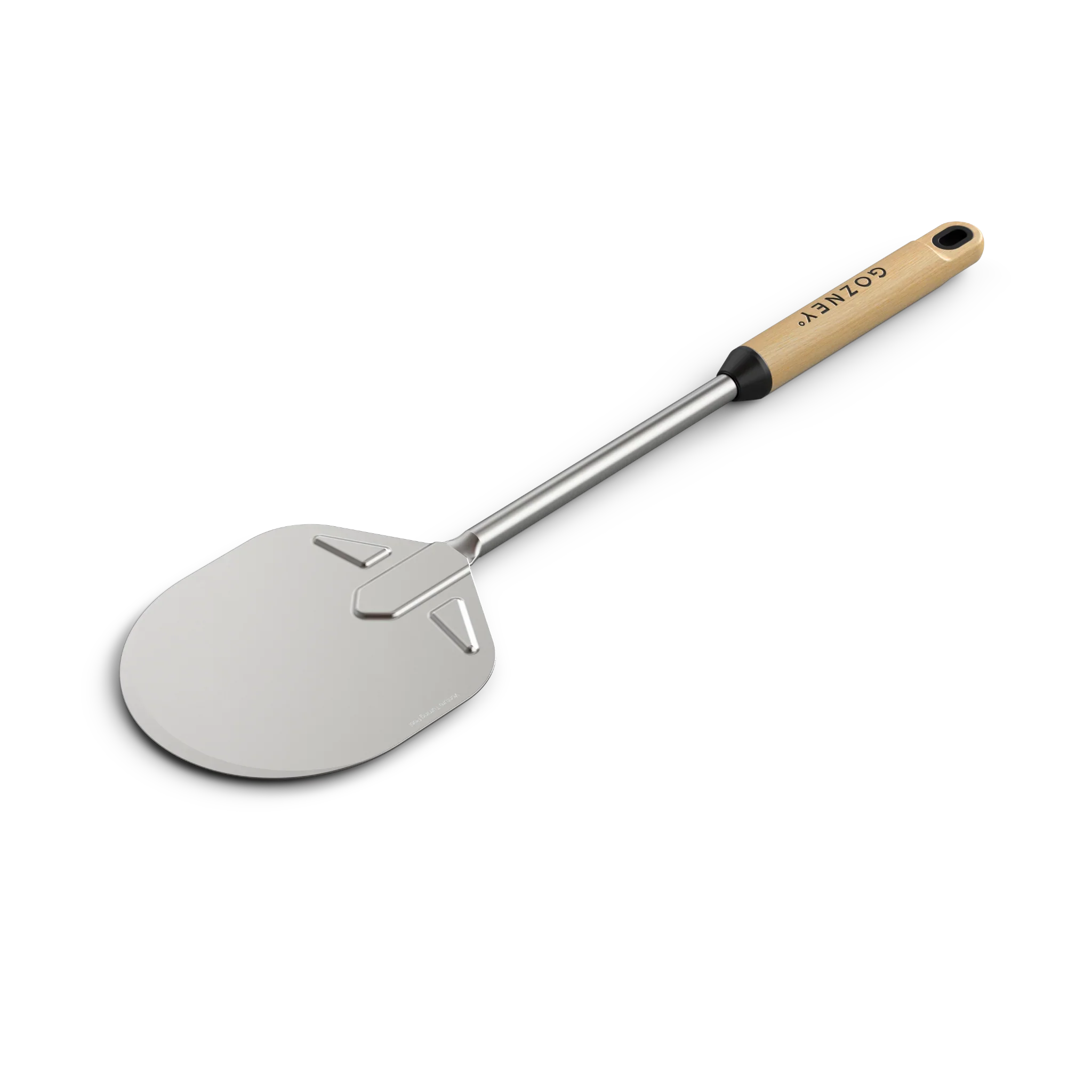 Pizza peel with wooden handle on a white background