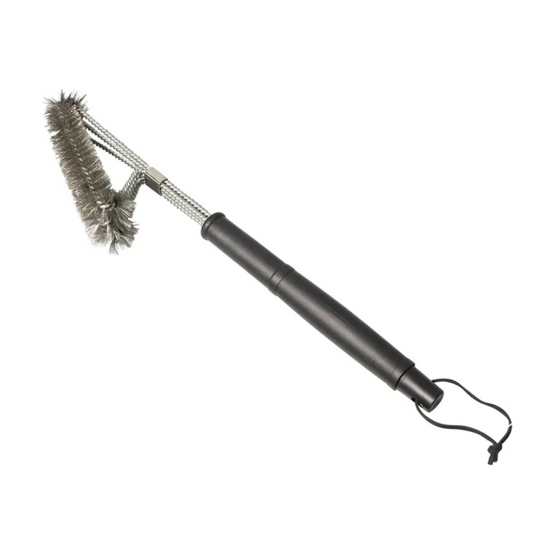 A brush with a black plastic handle and stainless steel bristles, designed for cleaning wire grid surfaces.