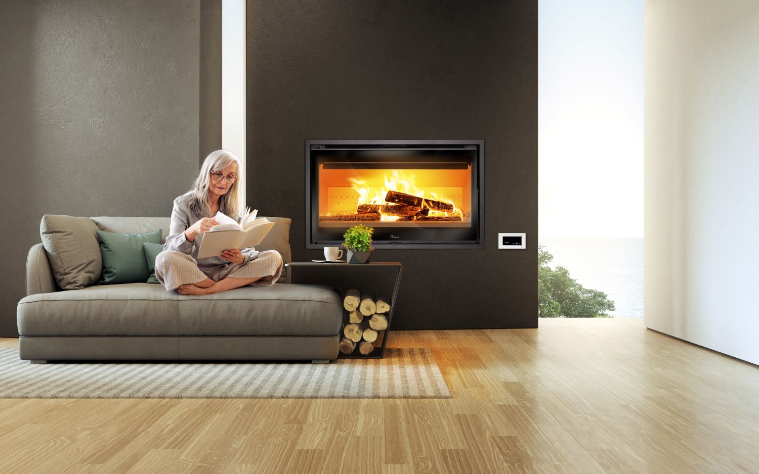 Contemporary living room with built in fireplace, sofa and decor