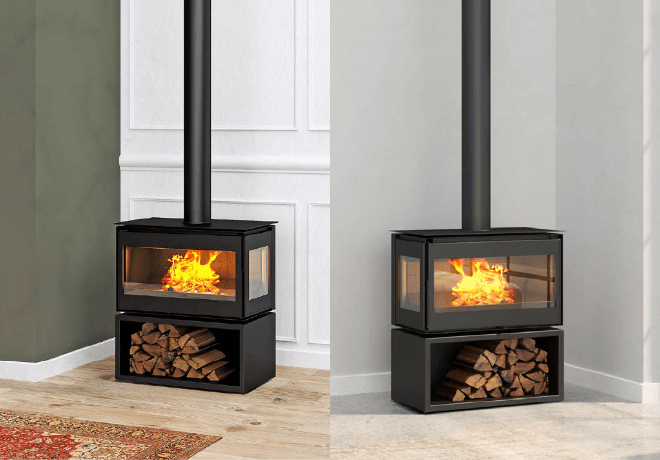 Adour two sided freestanding fireplace with log box or bench option.
