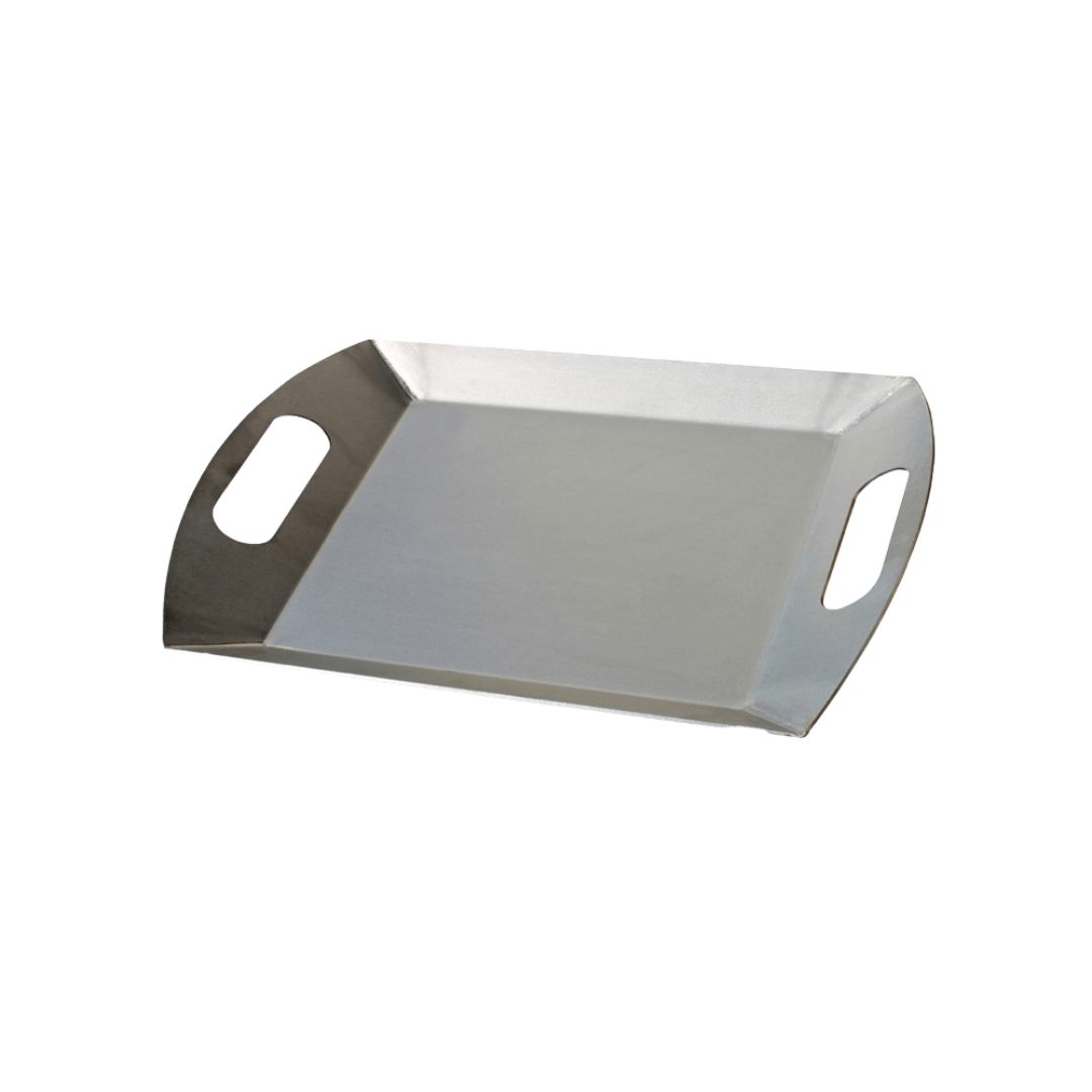 A large, square-shaped stainless steel braai pan with handles on the sides.