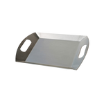 A large, square-shaped stainless steel braai pan with handles on the sides.