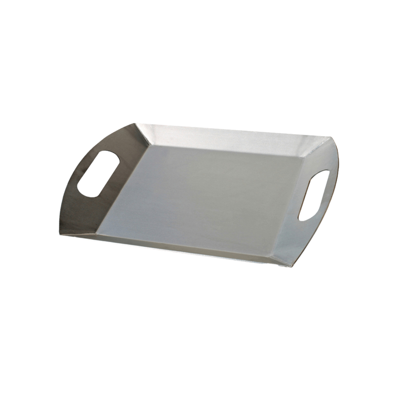 A large, square-shaped stainless steel braai pan with handles on the sides.
