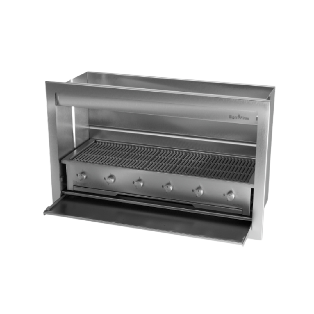 A built-in stainless steel gas braai with a closed sliding door and visible control knobs.