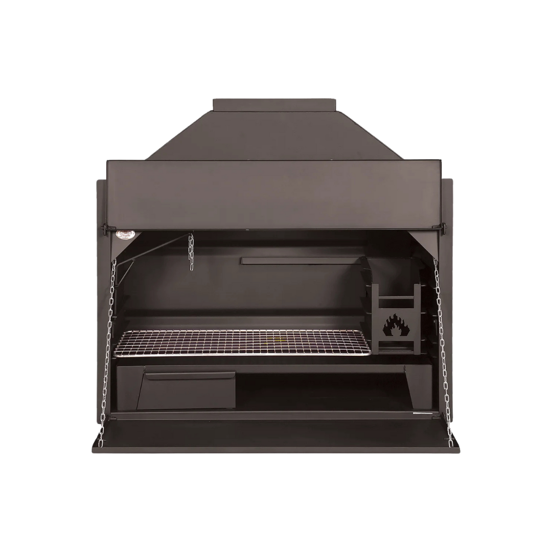 A black build-in braai grill with a closed lid and a visible branding on the front.