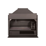 A black build-in braai grill with a closed lid and a visible branding on the front.