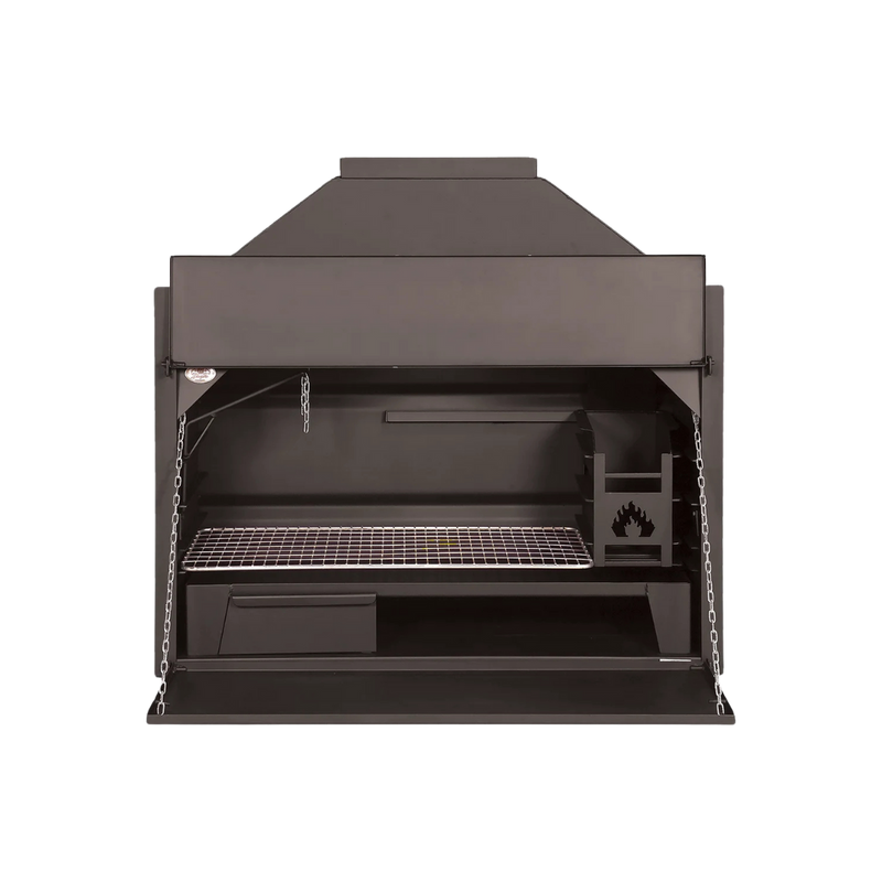 A black build-in braai grill with a closed lid and a visible branding on the front.