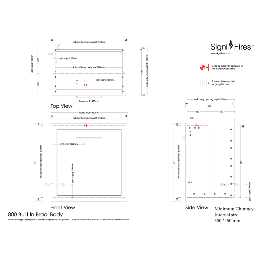 Technical diagram showing built-in braai body 800 specifications
