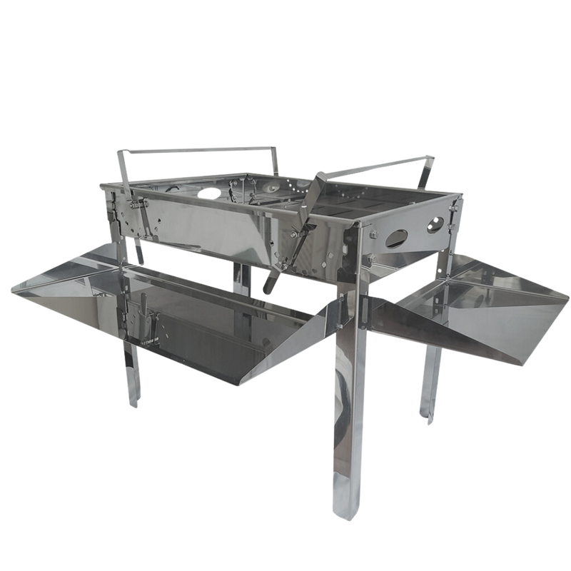 A portable stainless steel braai camping grill with removable side trays and adjustable cross arms.