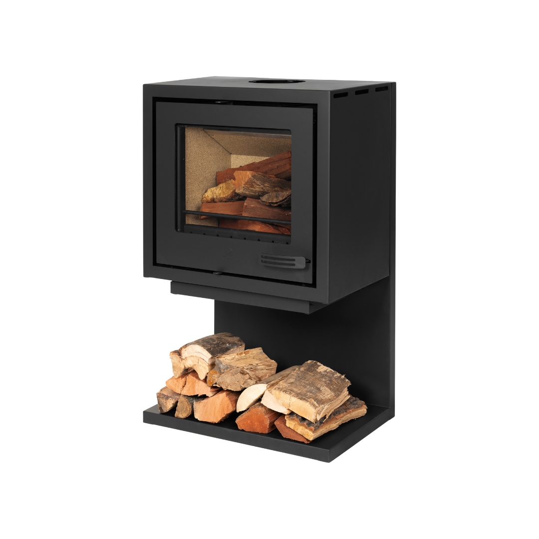 A black freestanding indoor fireplace with a visible firebox filled with logs.
