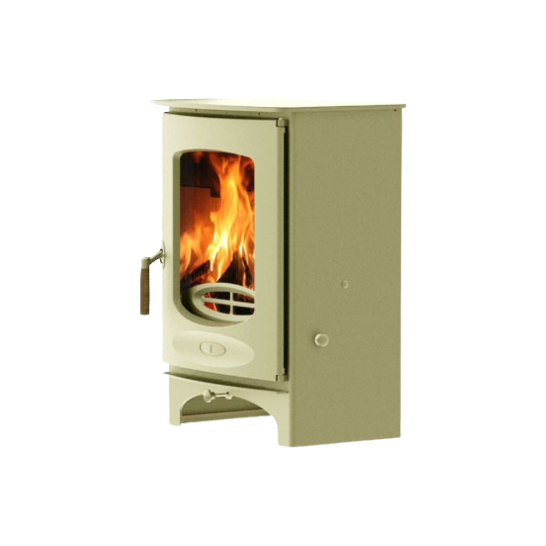 A black freestanding Charnwood multi-fuel fireplace with visible flames and a heat resistant wooden handle.