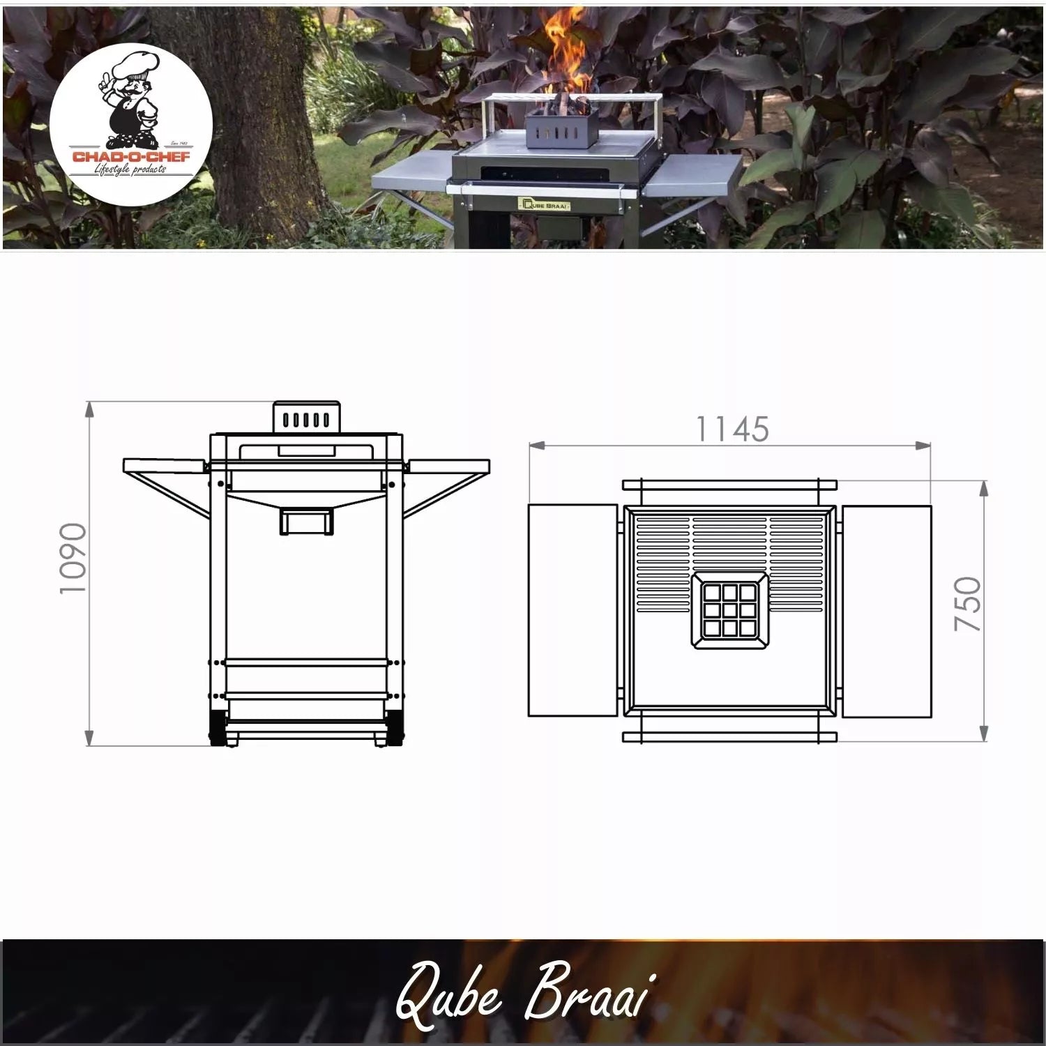 Qube Braai grill with dimensions and a logo in the corner