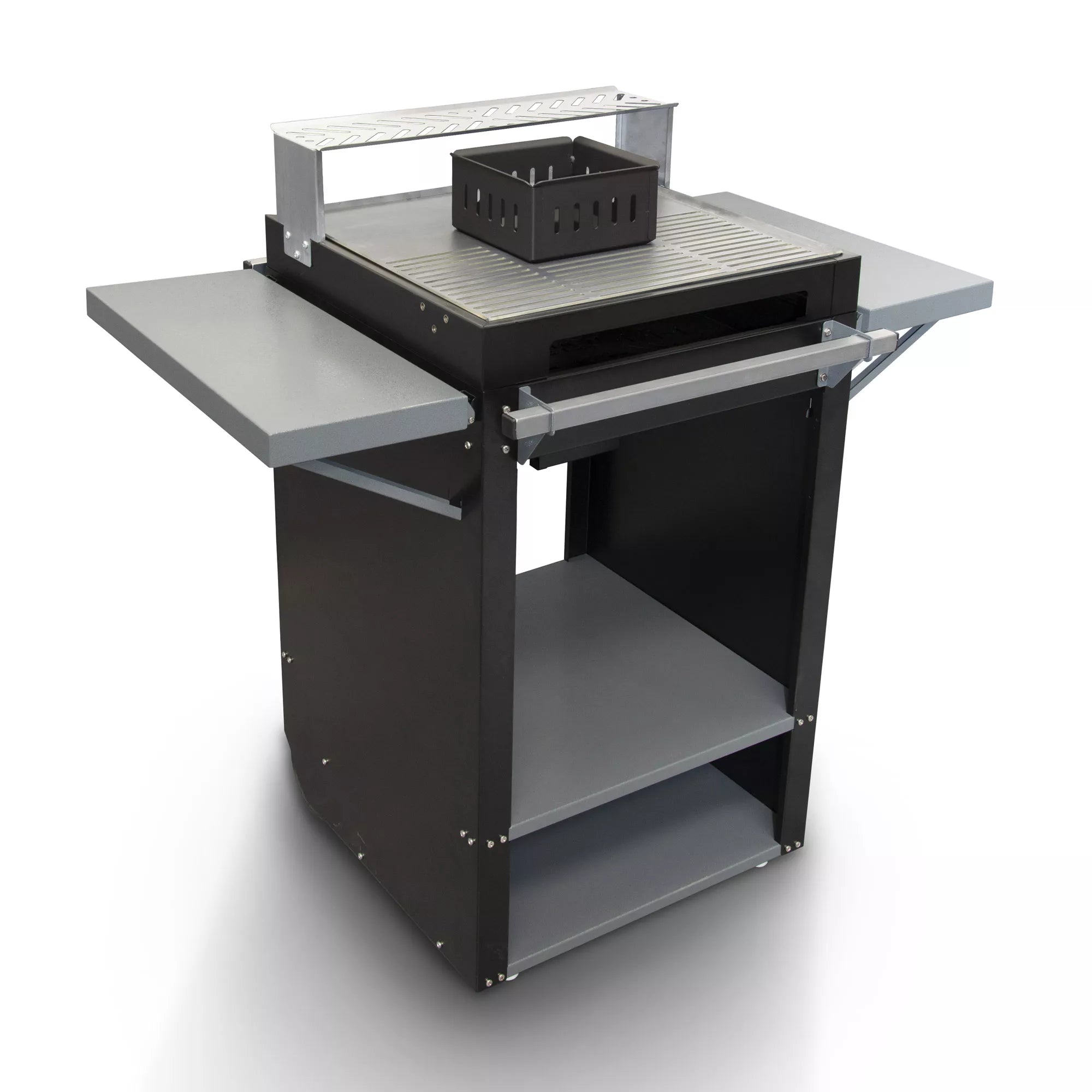 Black and gray workbench with a basket on a white background