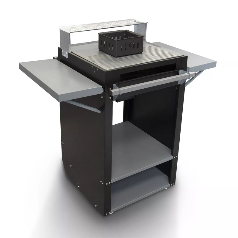 Black and gray workbench with a basket on a white background