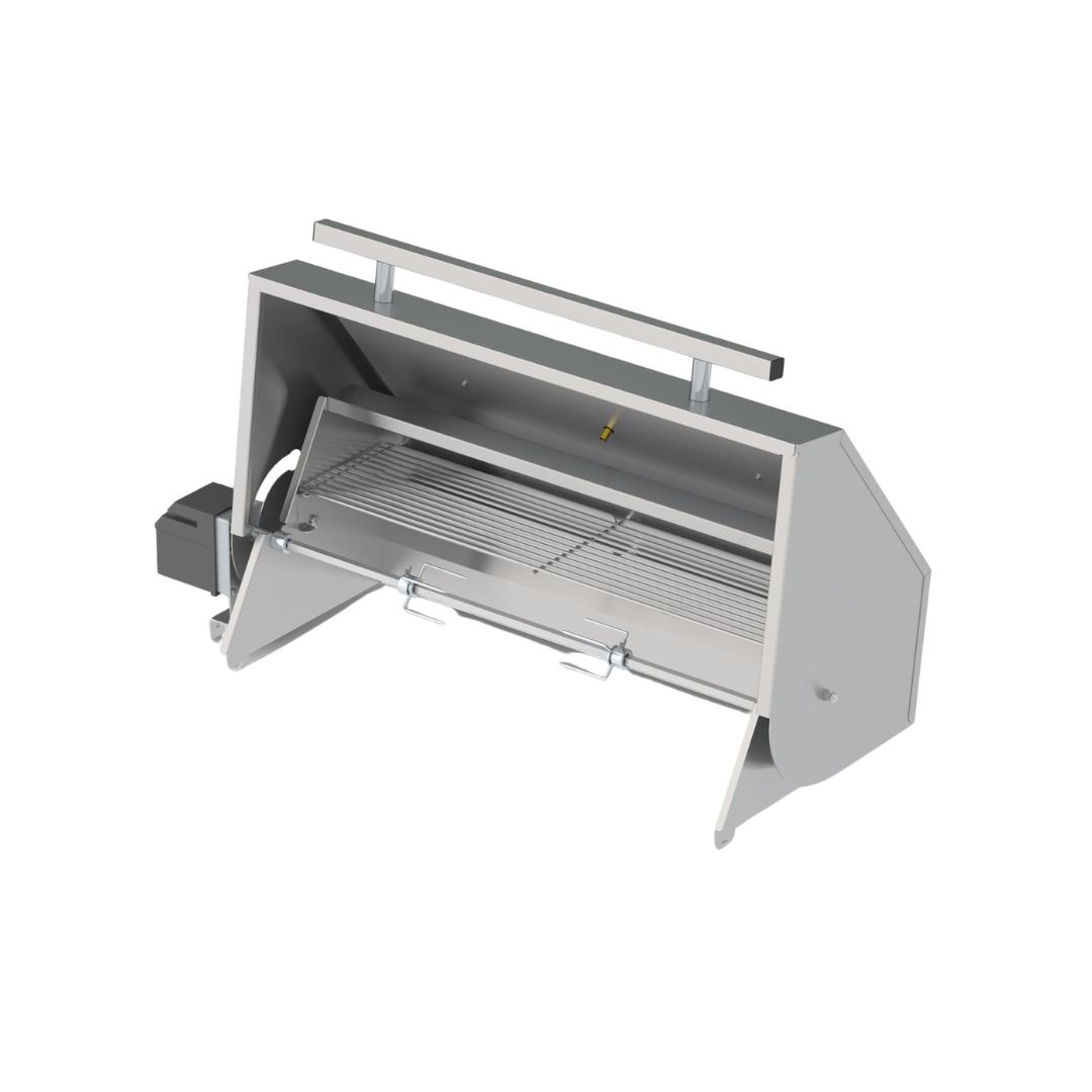 A gray metal rotisserie dome designed for a Chad-O-Chef 4-Burner Hybrid Braai.