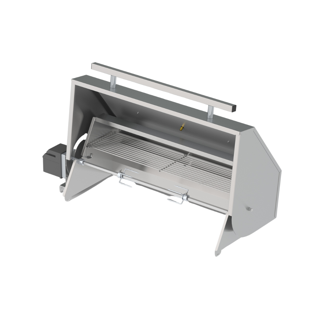 A gray rotisserie dome accessory for a Chad-O-Chef 3-Burner Hybrid Braai grill.