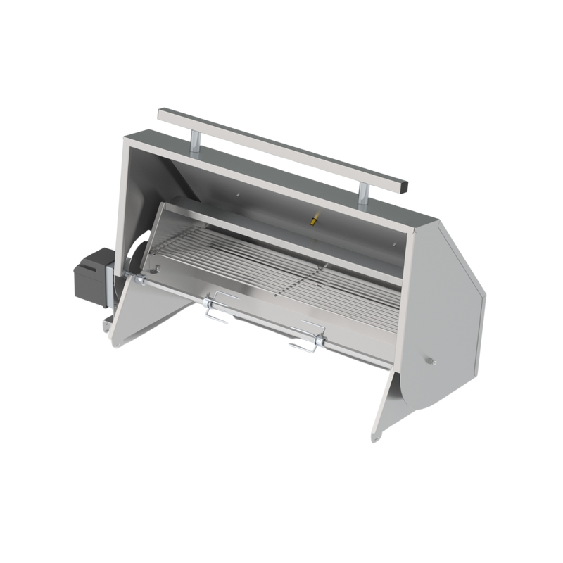 A gray rotisserie dome accessory for a Chad-O-Chef 3-Burner Hybrid Braai grill.