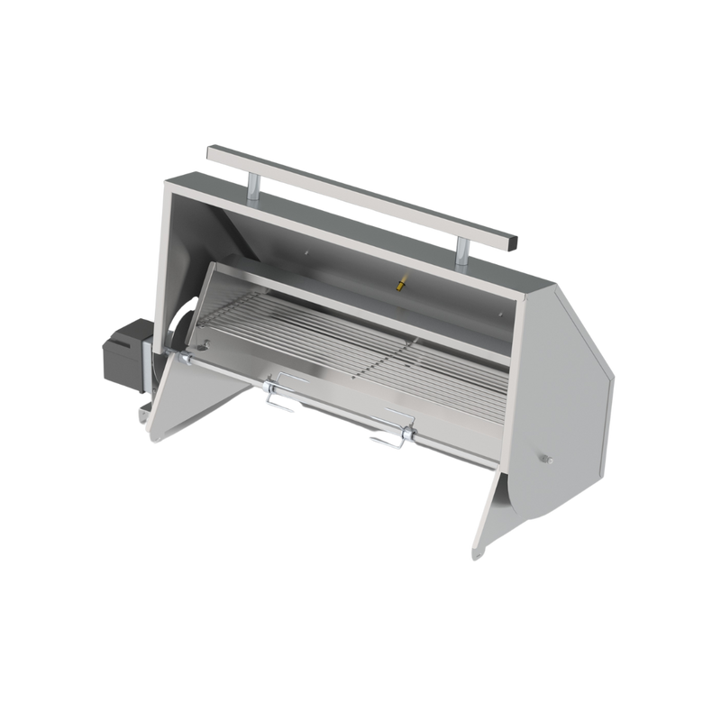A gray metal rotisserie dome designed for a Chad-O-Chef 4-Burner Hybrid Braai.