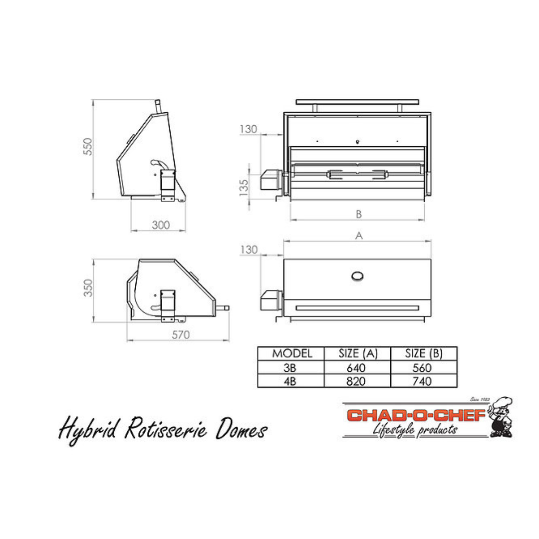 Chad O Chef hybrid rotisserie dome technical diagram with dimensions