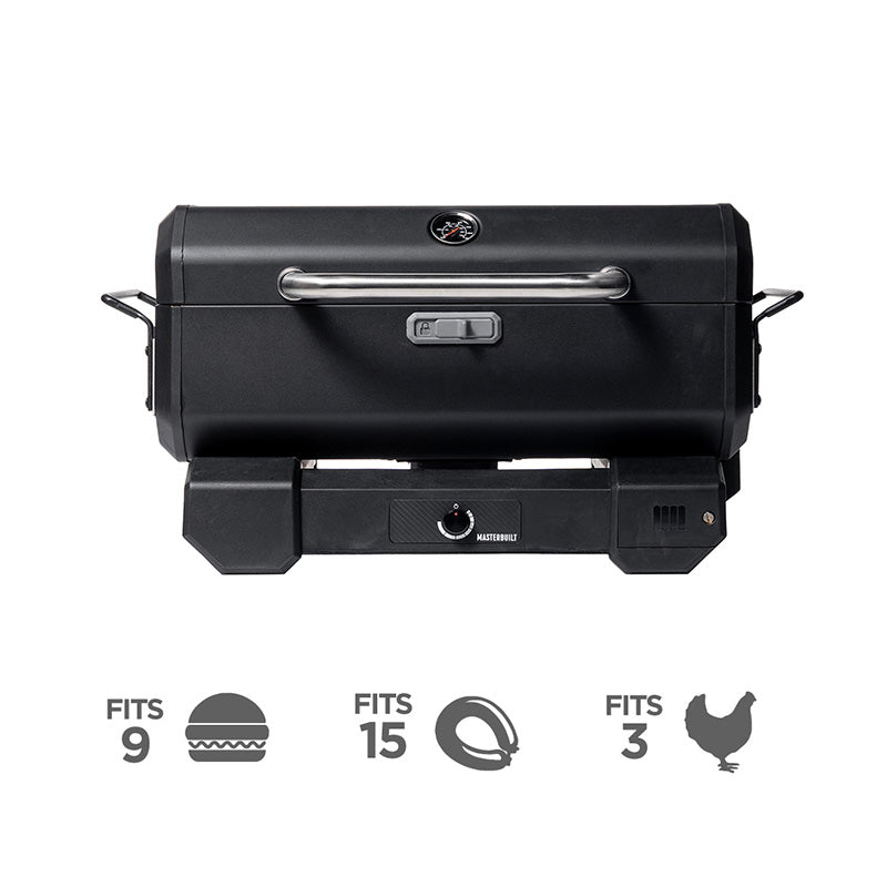 A black portable charcoal BBQ with a closed lid, displaying the dimensions of the grill and indicating it is powered by either a power cord or batteries.